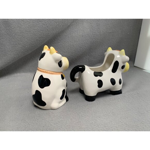 Vintage Houston Harvest Ceramic Cow Sugar Bowl & Creamer Set Black & White - Picture 4 of 16